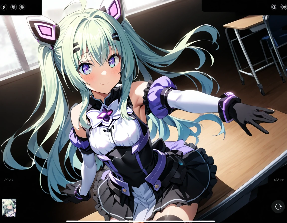 (whole body),masterpiece, highest quality, High resolution, Former Aunt_flora, Magical girl, One Girl, alone, Purple eyes, Green Hair，Long Hair，leotard，Elbow Handbag，Knee-high socks，selfie, user interface, fake screenshot, viewfinder, phone screen, taking picture,Cowboy Shot, Sitting, classroom, mechanical, put your hands on the table, smile, 