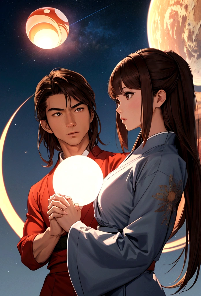 Japanese woman and a muscular man with brown hair both wearing form-fitting silver jumpsuits holding hands while they both stare at a giant glowing orb in the sky.