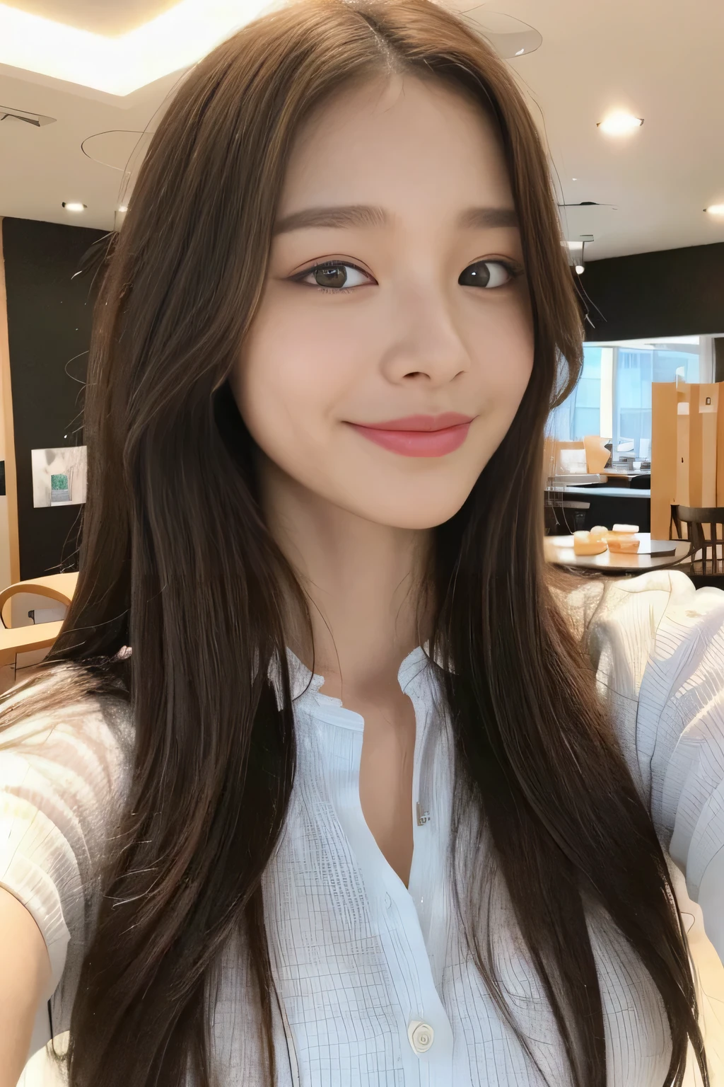 seed:2020674263.((Full body angle:1.1)).((highest quality, 8K, masterpiece:1.3)), ((from below:1.1)).concentrated:1.2, Perfect body beauty:1.4, Hips:1.2, ((Delicate Hair)), (Colorful button-through crop shirt :1.1) , ((highest quality、8K、masterpiece:1.3))、1 Girl、A sloppy smile、Esbian all over、Slim face、Big Boobs、Beautiful woman、(Dark Brown Hair)、Long Hair、1.1、Flickering Valley、Detailed eyes、double eyelid、Blurred Background、超Slim face、Smile、Looking down、stroll、