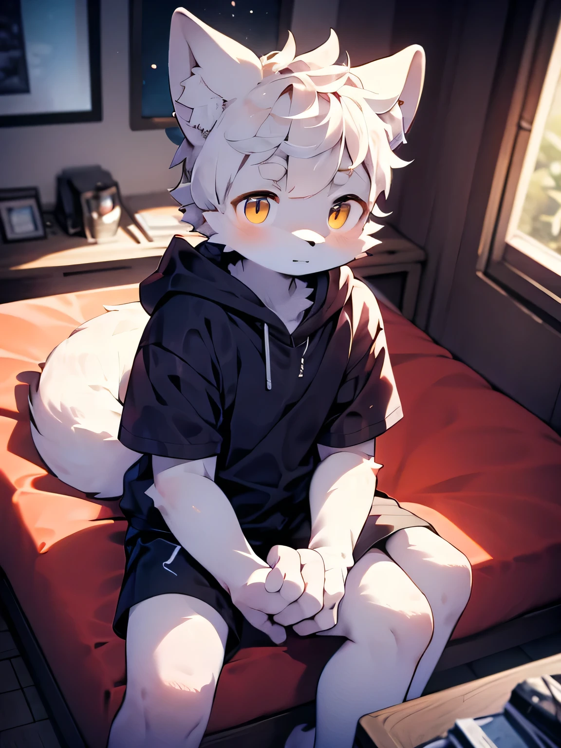 hairy,White fur,male,Wolf,Orange Eyes, Black sweatshirt,Grey shorts，sunny，bedroom，A bit shy，Solitary，Look at the camera,best quality, masterpiece，sit on the chair