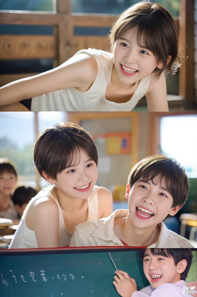 masterpiece, highest quality、Raw photo, Photorealistic、1、、Junior high school classroom、White swimsuit、Laugh with your mouth wide open、Very short hair、Junior High 、unbelievably ridiculous、Depth of written boundary, High resolution, Ultra-detailed, Sharp focus, Cinema Lighting