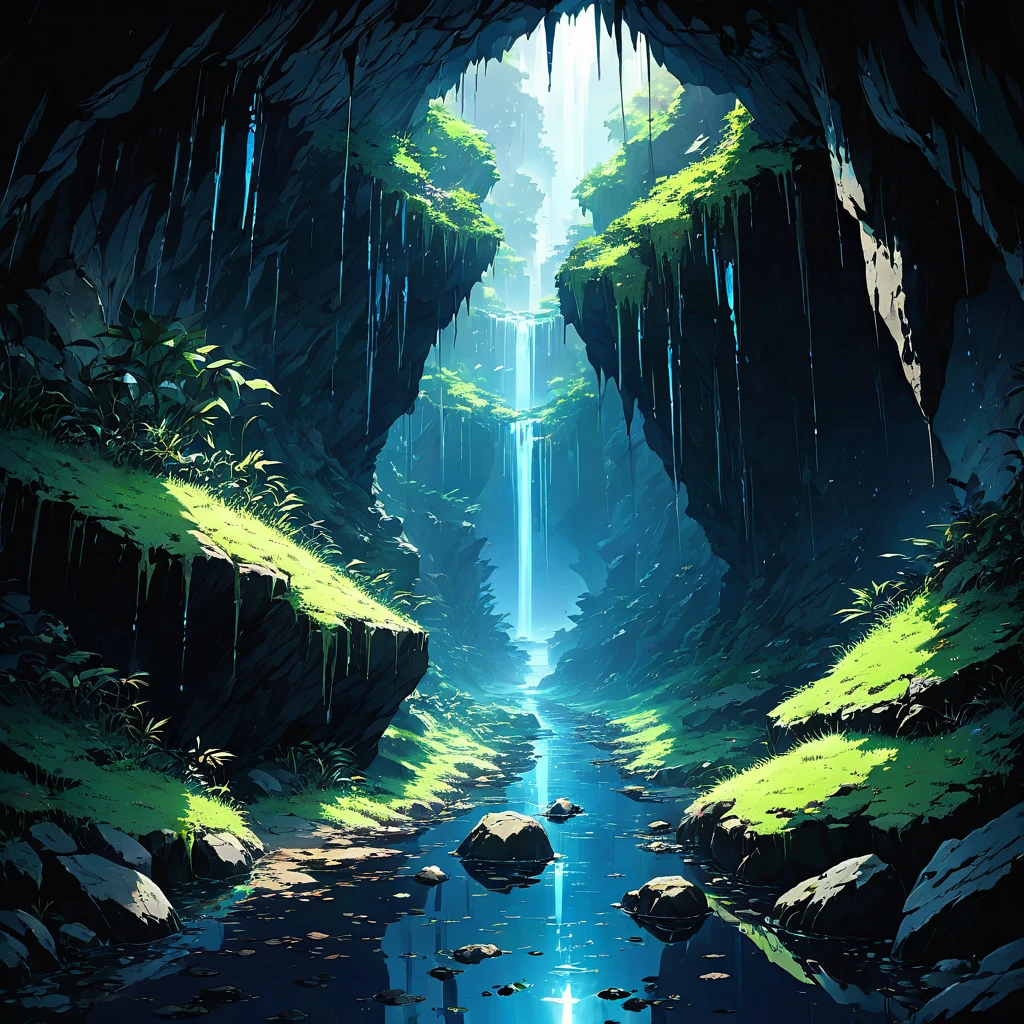 真night中、night、cave, darkness, Silence, cold, moisture, Confined Space, gorge, Hall, rock, stalagmites, Stalactites, groundwater, Water Drop, sound, echo, Bat, insect, microorganism, Unknown Creature, fear, anxiety, mystery, Not tread, Secret Realm,beautiful Anime Scenery, Landscape painting, Beautiful digital painting, Andreas Rocha, Beautiful artwork illustration, Awesome Wallpapers, Raymond Han, Tall beautiful paintings, Studio Greeble Makoto Shinkai, Beautiful Wallpapers, Anime Scenery