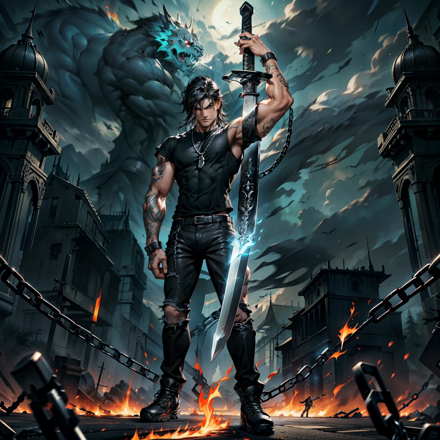 boys 26 Years old, Serious face, muscular, black hair, flowing hair, wearing ((black shirt)), sleeveless, black bootcut pants, black shoes, holding sword, flames, chains, giant sword   