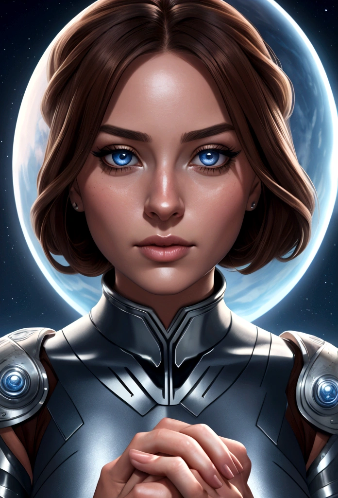 beautiful detailed eyes, beautiful detailed lips, extremely detailed eyes and face, long eyelashes, woman, man, Japanese, muscular, brown hair, silver jumpsuit, holding hands, glowing orb, sky, cinematic lighting, dramatic, photorealistic, 8k, ultra-detailed, hyper-realistic, highly detailed, masterpiece, epic, fantasy, sci-fi, concept art