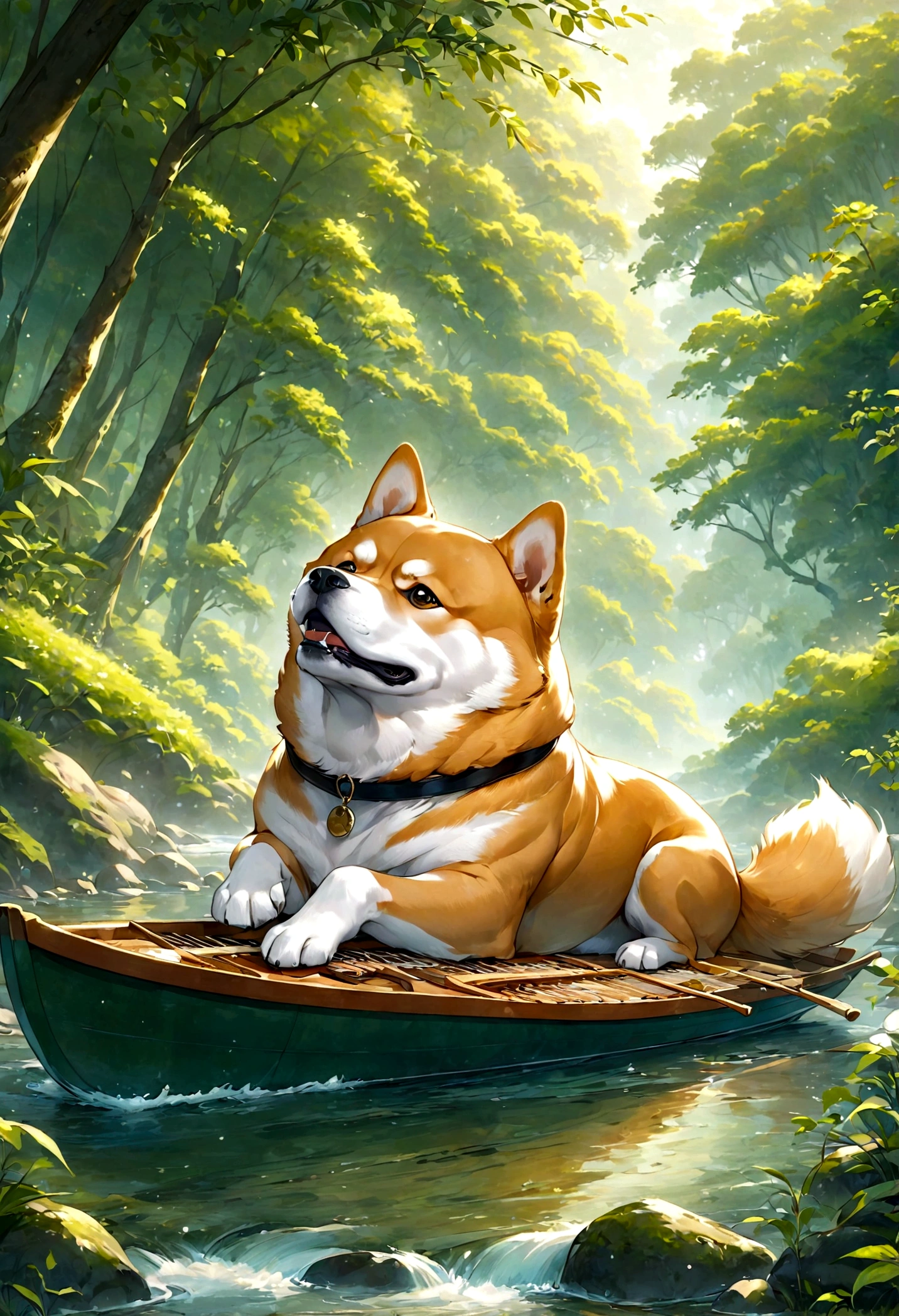 Create an image of a dog symbolizing the traits of a mediator (INFP). The dog should be a Shiba Inu, known for its expressive and sensitive nature. The dog should have a gentle and imaginative expression, reflecting its inner passion and creativity. It should appear engaged in a serene activity, such as sitting by a flowing river, surrounded by nature, or gazing thoughtfully at a piece of art or a musical instrument. The primary theme color should be green, with the dog's fur or background featuring various shades of green to highlight its unique and empathetic nature. The overall atmosphere should reflect the dog's high ideals, deep emotional responses, and its quest for meaningful connections, capturing the essence of a rare but deeply impactful personality type.