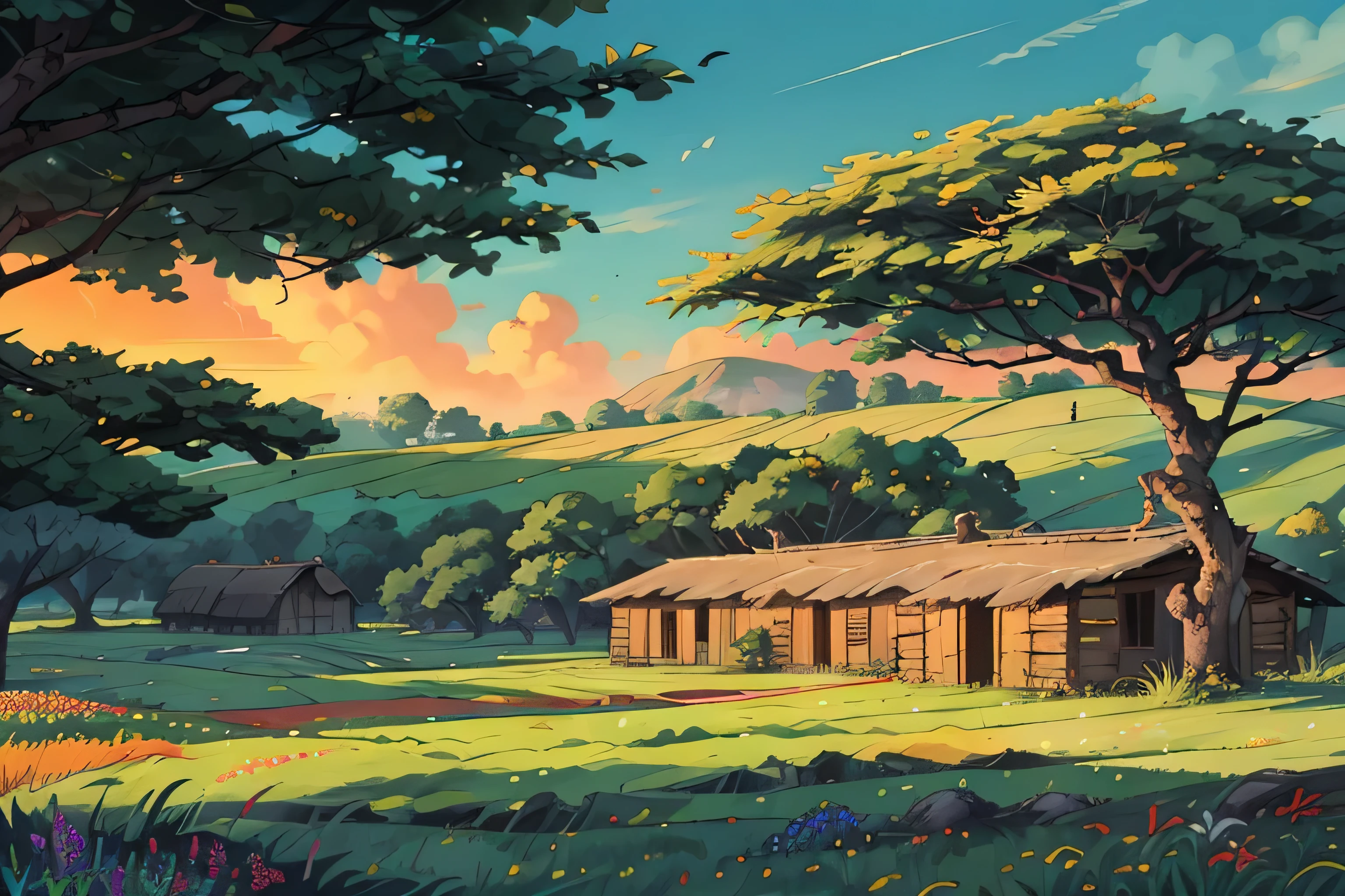 (masterpiece:1), (full view:1.5), (an old hut in the green fields with long grass:1.6), (sunset ambience:1.3), silence, (colorful wildflowers flowing with wind:1.4), magnificent sky, (Dim volumetric light:1.4), peaceful, (beautiful sky), (a big banyan tree providing shade to hut:1.4), (ghibli environment), beautiful tones, subtle colors, peaceful, (illustration: 1.0), epic composition, realistic lighting, HD details, masterpiece, best quality, ,