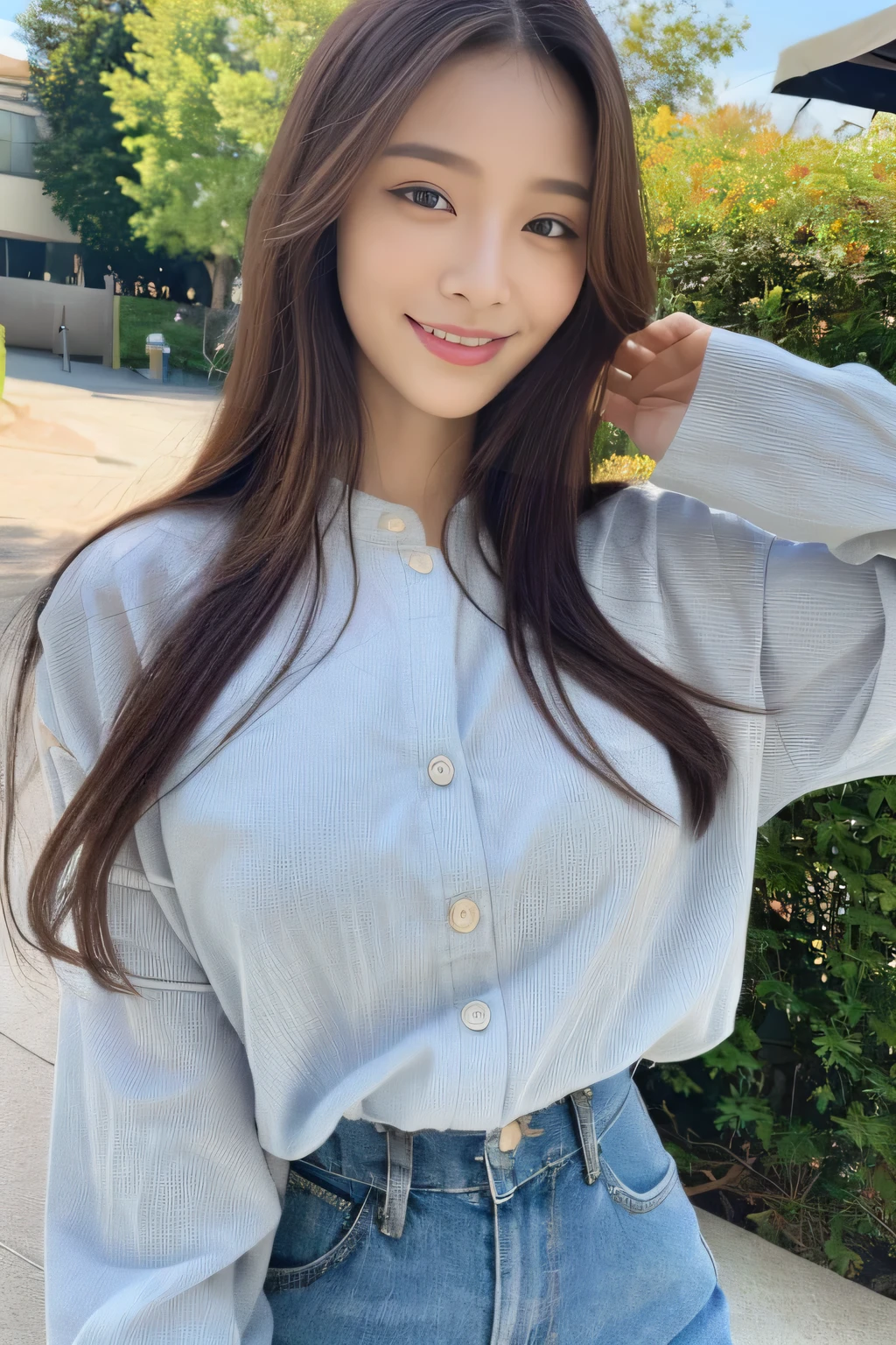 seed:2020674263.((Full body angle:1.1)).((highest quality, 8K, masterpiece:1.3)), ((from below:1.1)).concentrated:1.2, Perfect body beauty:1.4, Hips:1.2, ((Delicate Hair)), (Colorful button-through crop shirt :1.1) , ((highest quality、8K、masterpiece:1.3))、1 Girl、A sloppy smile、Esbian all over、Slim face、Big Boobs、Beautiful woman、(Dark Brown Hair)、Long Hair、1.1、Flickering Valley、Detailed eyes、double eyelid、Blurred Background、超Slim face、Smile、Looking down、stroll、