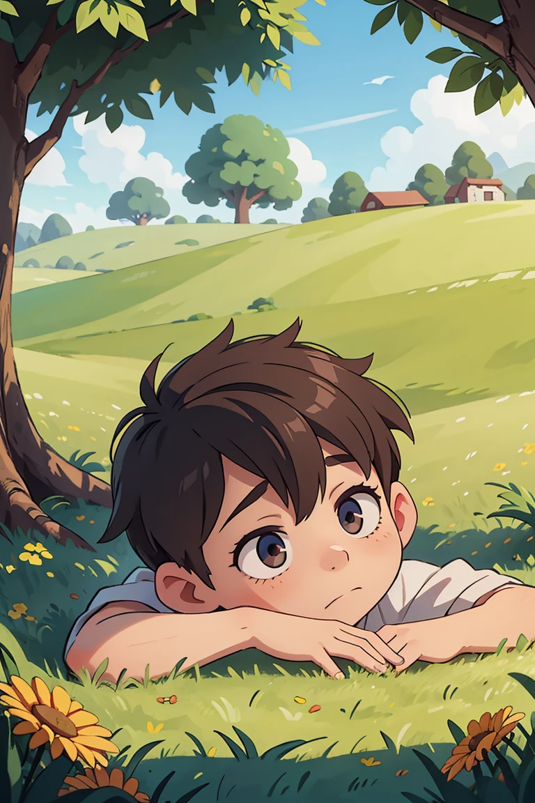 Boy lying on grassy field, tired and sad expression, looking up, view from above, hands under head