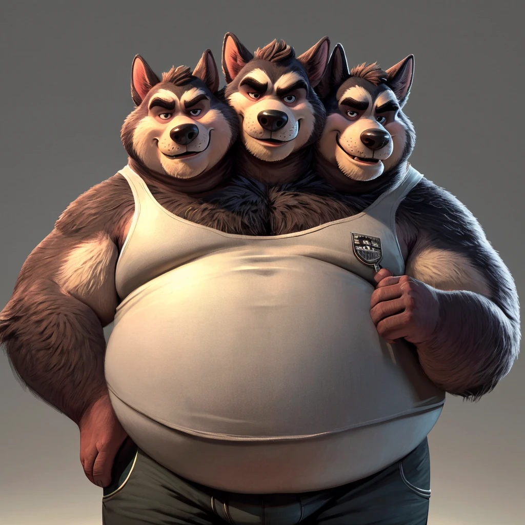 solo, siberian husky, three identical heads on one body, black and white fur, siberian husky ears, masculine, necks, (eyes), adult, male, 50 years old, (stylized 3d, by disney, by rembrandt), by pixar:1.1, by dramamine, ugly, (obese), solid gray background, (fully clothed, white sleeveless shirt, underpants), correct hands, correct anatomy, (ultradetailed, best quality, detailed masterpiece, highly detailed masterpiece, 4k, professional cartoon:1.7), natural pose, detailed expressions