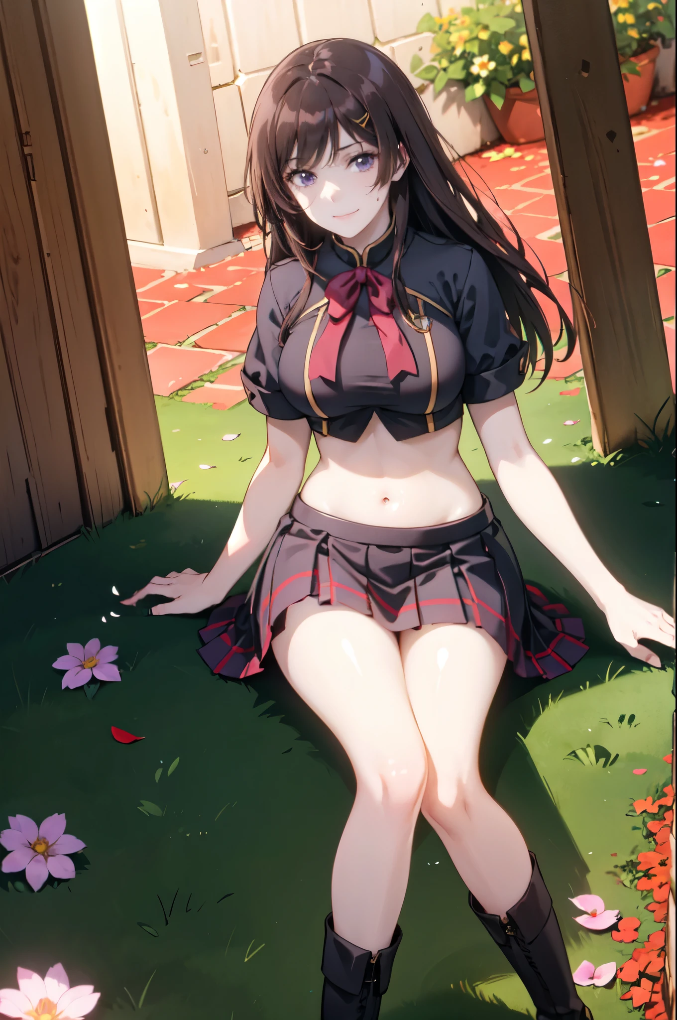 realistic image, detailed image, coherent image, 1 beautiful girl, she has very long hair, brown hair, violet eyes, smiling, sweating, she is wearing a loose blouse, showing her navel, plaid pleated mini skirt, boots up mid-thighs, She has a curvy body, medium breasts and thick thighs, She is lying under the shade of a tree, arching her back, surrounded by flower petals falling around, inside a patio with flowers, sunset, twilight , Soft focus, full body view, Dramatic shadows, Volumetric lighting, natural lighting,