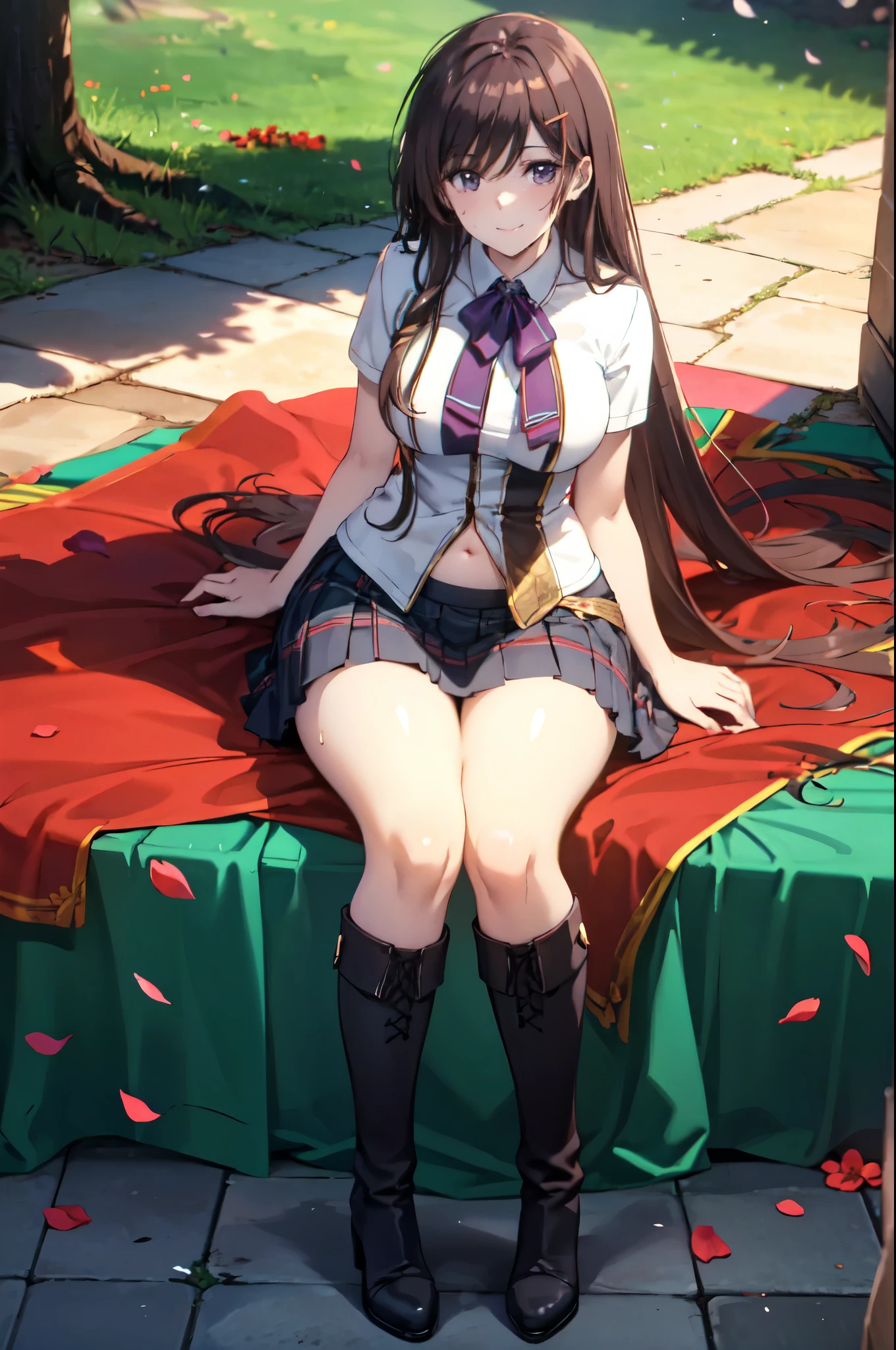 realistic image, detailed image, coherent image, 1 beautiful girl, she has very long hair, brown hair, violet eyes, smiling, sweating, she is wearing a loose blouse, showing her navel, plaid pleated mini skirt, boots up mid-thighs, She has a curvy body, medium breasts and thick thighs, She is lying under the shade of a tree, arching her back, surrounded by flower petals falling around, inside a patio with flowers, sunset, twilight , Soft focus, full body view, Dramatic shadows, Volumetric lighting, natural lighting,