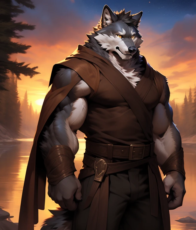 SUNSET. blaidd, in partial shadows, brown cape. brown robe, 4k, high resolution, best quality, perfect colors, perfect shadows, perfect lighting, posted on e621, furry body, Wolf, gray fur, gray skin, solo, male, adult, masculine, (strong:1.2), correct anatomy, (photorealistic fur, detailed fur, epic, masterpiece:1.2), (dark fantasy world background, trees, black sky, sunset, stars visible in the sky), (by Taran Fiddler, by Chunie, by Traver009, by wfa:1.1), (brown cloth pants, belt with bronze buckle.:1.2), (detailed eyes, golden eyes:1.2), (half body:1.1), serious face, strong posture, proud, soft shadows, looking at viewer, messy fur, gruff, robe, slightly open tunic.