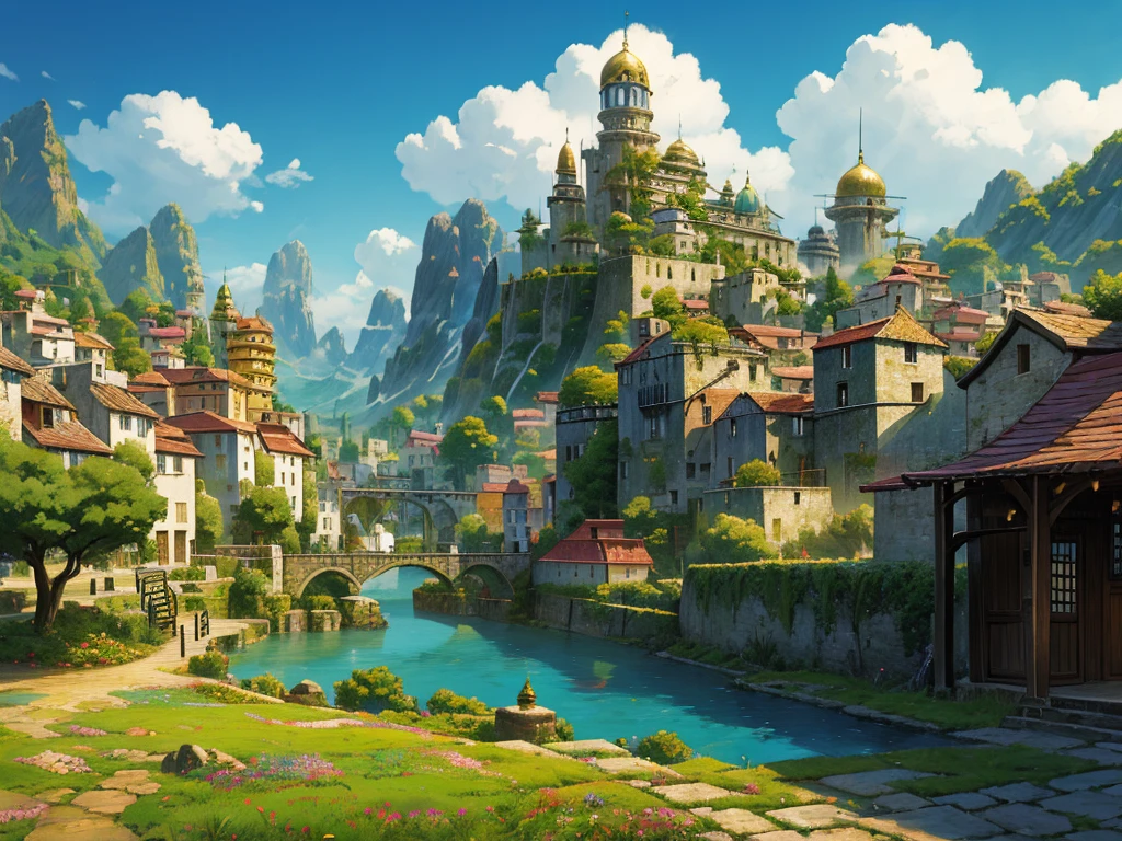 animesque、a walk in a colorful medieval outside bazaar、Landscape without buildings、You can see the touch of the brush、Scenery、Style、Golden Time、sky line