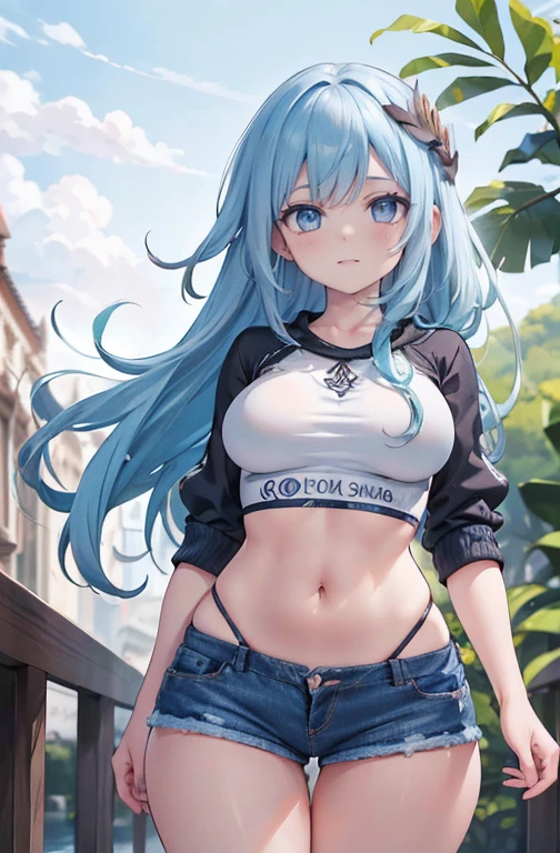 ShenheV4, (Shenhe com camiseta solta), jaqueta jeans, Shorts jeans, (Sozinho:1.1), (mulher madura:1.2), rosto bonito, (olhos detalhados), symmetrical eyes, (labios finos), (cabelo longo, cabelo cinza, braid, cabelo sobre um olho, hair ornament), (lindos seios redondos), corpo voluptuoso, Cintura fina, (Obra de arte, melhor qualidade), Soft ambient lighting, standing, vista frontal, cores vivas, Dia ensolarado, blue sky, Olhando para o espectador, Cintura fina, High definition, 8K, cores vivas, intricado, (absurdos:1.2), Bokeh, ((rosto detalhado)), Detalhes faciais, (ponto de vista coxas)