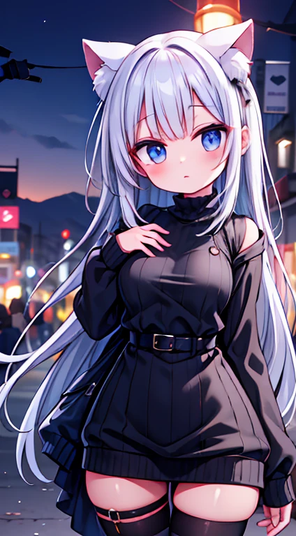 Olhe para a camera,(((mais alta qualidade, 8K, Obra de arte))), sharp focus, (mulher bonita com figura perfeita), afinar, (Penteado: Excelente)), ((Alley at night)), rua: 1.2 非常に詳細な顔と肌の質感詳細な目Double eyelidランダムな姿勢, (sorriso), Rosto realista, Double eyelid,sorriso, cidade ciberpunk , At the sunset , Dentes lindos , thigh strap, use uma jaqueta de couro、shoulder to shoulder sweater、Gray Vertical Ribbed Sweater Dress and Fishnet Pants、cinta-liga、night vision、