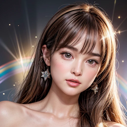 NSFW, 8k, High-level, absurd, masterpiece, best quality, primitive, very detailed CG, very detailed wallpaper, perfect lighting, Extremely detailed (((The personifying " Brooke Shields " as a ))), MysticSight, Tyndall effect, Tyndall scattering, Studio gray background with (many Dazzling RainbowColor particles BokeH:1.28), (RoundlyButts, ThighGap), (Exposed:0.4), (Assfocus with looking ahead), BREAK (NOGIZAKA face variations) Extremely Detailed very KAWAII face variations, perfect anatomy, Childish, captivating gaze, elaborate detailed Eyes with (sparkling highlights:1.28), long eyelashes、Glossy RED Lips with beautiful details, Coquettish tongue, Rosy cheeks, Radiant PearlSkin with clear transparency . { (Dynamic LifeLike expressions:1.4) | :d) }, (large eyes:-1) .