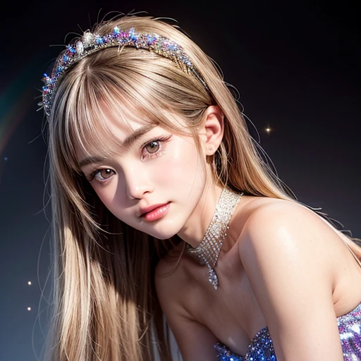 NSFW, 8k, High-level, absurd, masterpiece, best quality, primitive, very detailed CG, very detailed wallpaper, perfect lighting, Extremely detailed (((The personifying " Brooke Shields " as a Little Girl))), MysticSight, Tyndall effect, Tyndall scattering, Studio gray background with (many Dazzling RainbowColor particles BokeH:1.28), (RoundlyButts, ThighGap), (Exposed:0.4), (Assfocus with looking ahead), BREAK (NOGIZAKA face variations) Extremely Detailed very KAWAII face variations, perfect anatomy, Childish, captivating gaze, elaborate detailed Eyes with (sparkling highlights:1.28), long eyelashes、Glossy RED Lips with beautiful details, Coquettish tongue, Rosy cheeks, Radiant PearlSkin with clear transparency . { (Dynamic LifeLike expressions:1.4) | :d) }, (large eyes:-1) .