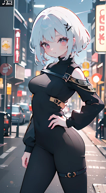 Anime art style, mei mei from jujutsu kaisen, white hair, white skin, ((wearing black clothes)), standing on destroyed city, cinematic lights, blushing cheeks, smilling, looking back at viewers, big breast, big booty, NSFW, back view, beautiful scenery,