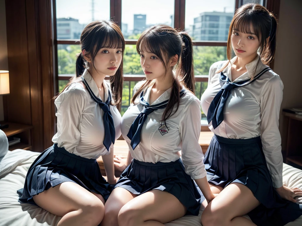(RAW photo, 4k, masterpiece, high resolution, extremely complex) (realistic: 1.4), cinematic lighting
((2 girls, 2 schoolgirls)),Slam Dunk's,blushing,((innocent)),(Dark makeup),bright eyes,round eyes,blunt bangs,(ponytail, from front:1.3),black hair,large breasts,wide hips,Summer Noon, ,Hot, (Best Quality), (Highres), (an Extremely Delicate and Beautiful),(Beautiful 8k face),(Brown eyes),short bob hair,( spectators),(gigantic breasts),(Play with each other,Touching each other's bodies,Touching the body),(Japanese high school uniform:1.3),blue skirt,(reality),bright lighting,(The background is a luxury hotel room)