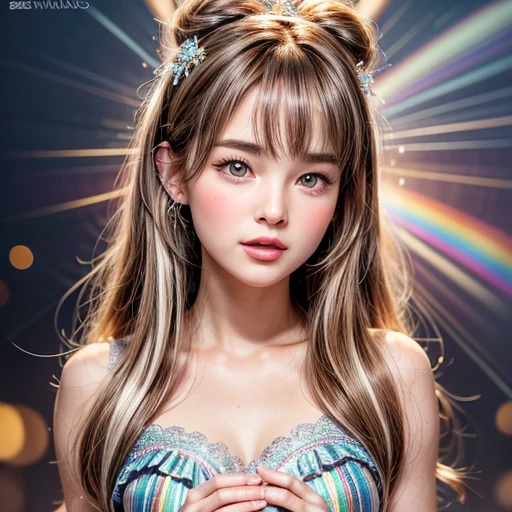 NSFW, 8k, High-level, absurd, masterpiece, best quality, primitive, very detailed CG, very detailed wallpaper, perfect lighting, Extremely detailed (((The personifying " Brooke Shields " as a Little Girl))), MysticSight, Tyndall effect, Tyndall scattering, Studio gray background with (many Dazzling RainbowColor particles BokeH:1.28), (RoundlyButts, ThighGap), (Exposed:0.4), (Assfocus with looking ahead), BREAK (NOGIZAKA face variations) Extremely Detailed very KAWAII face variations, perfect ???????, Childish, captivating gaze, elaborate detailed Eyes with (sparkling highlights:1.28), long eyelashes、Glossy RED Lips with beautiful details, Coquettish tongue, Rosy cheeks, Radiant PearlSkin with clear transparency . { (Dynamic LifeLike expressions:1.4) | :d) }, (large eyes:-1) .