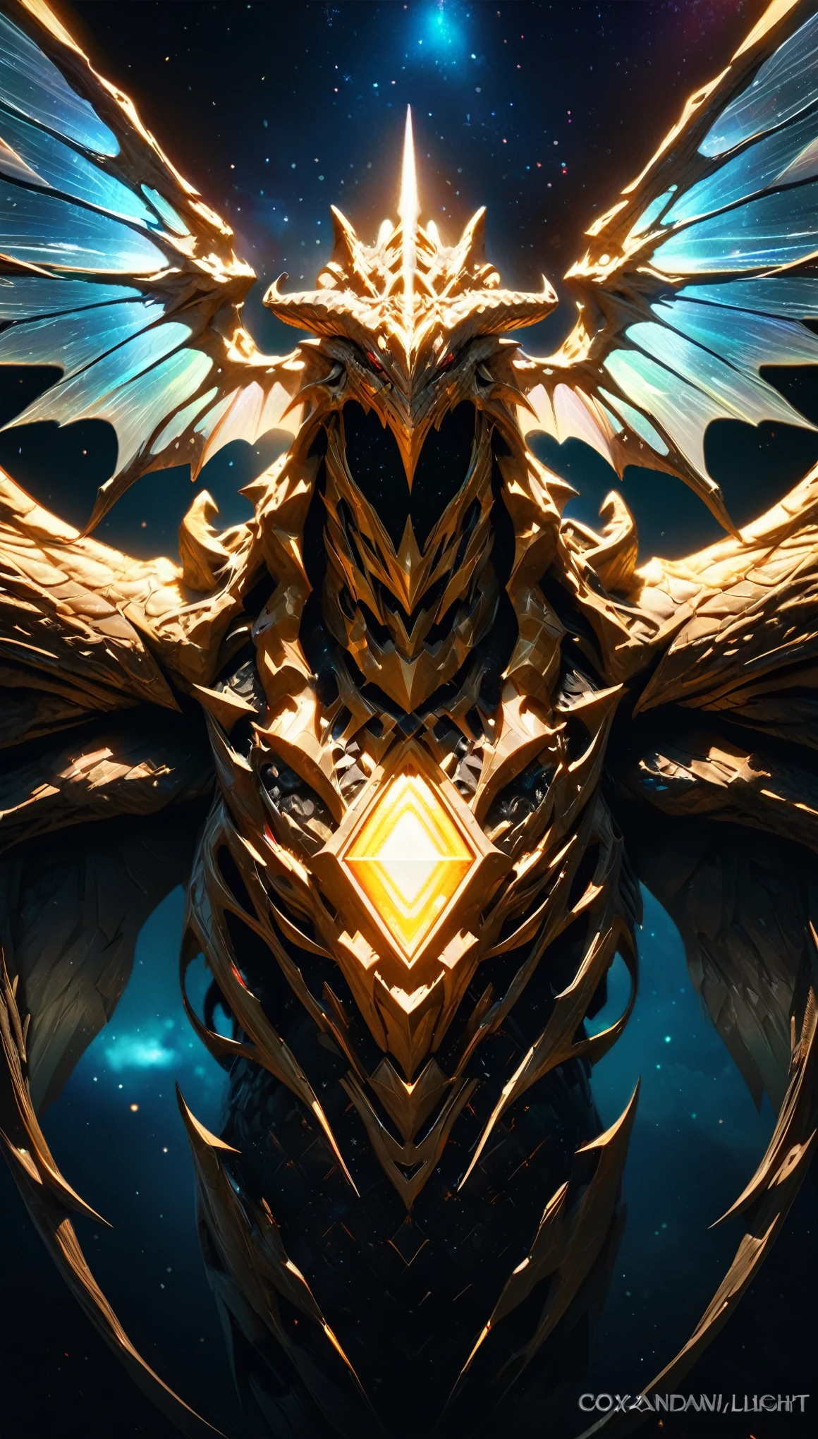 Masterpiece Portrait, Extreme details,, Very detailed, 8K octane, HDR, Super detailed, best quality, best quality, Realistic lighting, Ultra Detailed，A huge dragon，(High-tech diamond-shaped light wings:1.35),[Layers of golden armor｜Complex and gorgeous texture pattern]Fully covered armor，Space Background，（perspective：1.4），Starry sky elements，Iridescent wing membrane,Dungeons & Dragons,western dragon