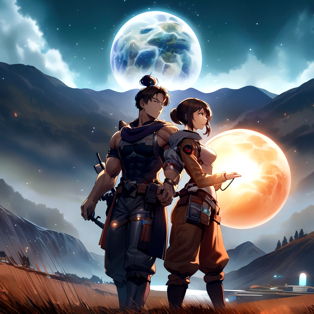 Japanese woman and a muscular man with brown hair both wearing form-fitting silver jumpsuits holding hands while they both stare at a giant glowing orb in the sky.