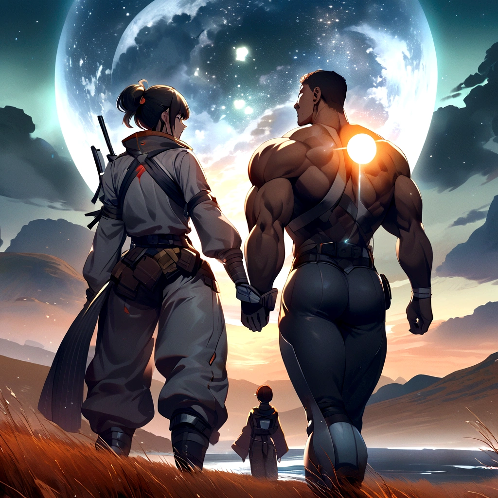 Japanese woman and a muscular man with brown hair both wearing form-fitting silver jumpsuits holding hands while they both stare at a giant glowing orb in the sky.