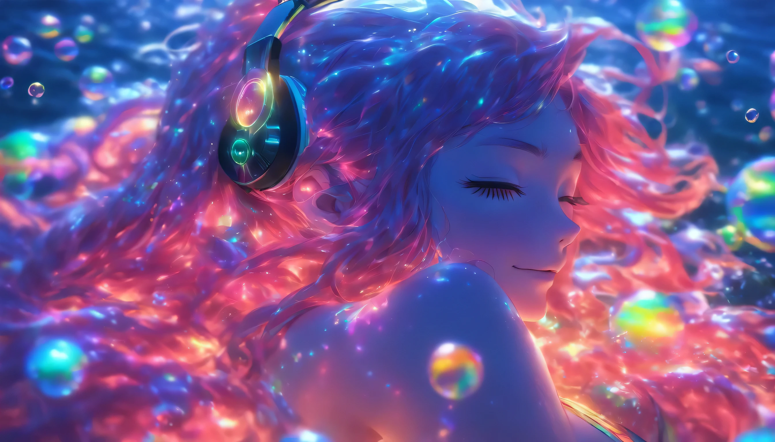 Transparent color PVC clothing, Transparent Vinyl Bikini, Prismatic, Holographic, chromatic aberration, Fashion Illustration, masterpiece, DJ Girl,, 8k, Super detailed, Pixiv、((Woman sleeping on the seabed))、((Colorful Hair))、(((Wearing futuristic headphones)))、((I'm sticking out my belly button))、((Swaying bust))、(((Long hair that flows to one side)))、((Too big boobany glowing bubbles)))、((Close your eyes and smile))、(sexy)、((Epic Scale))