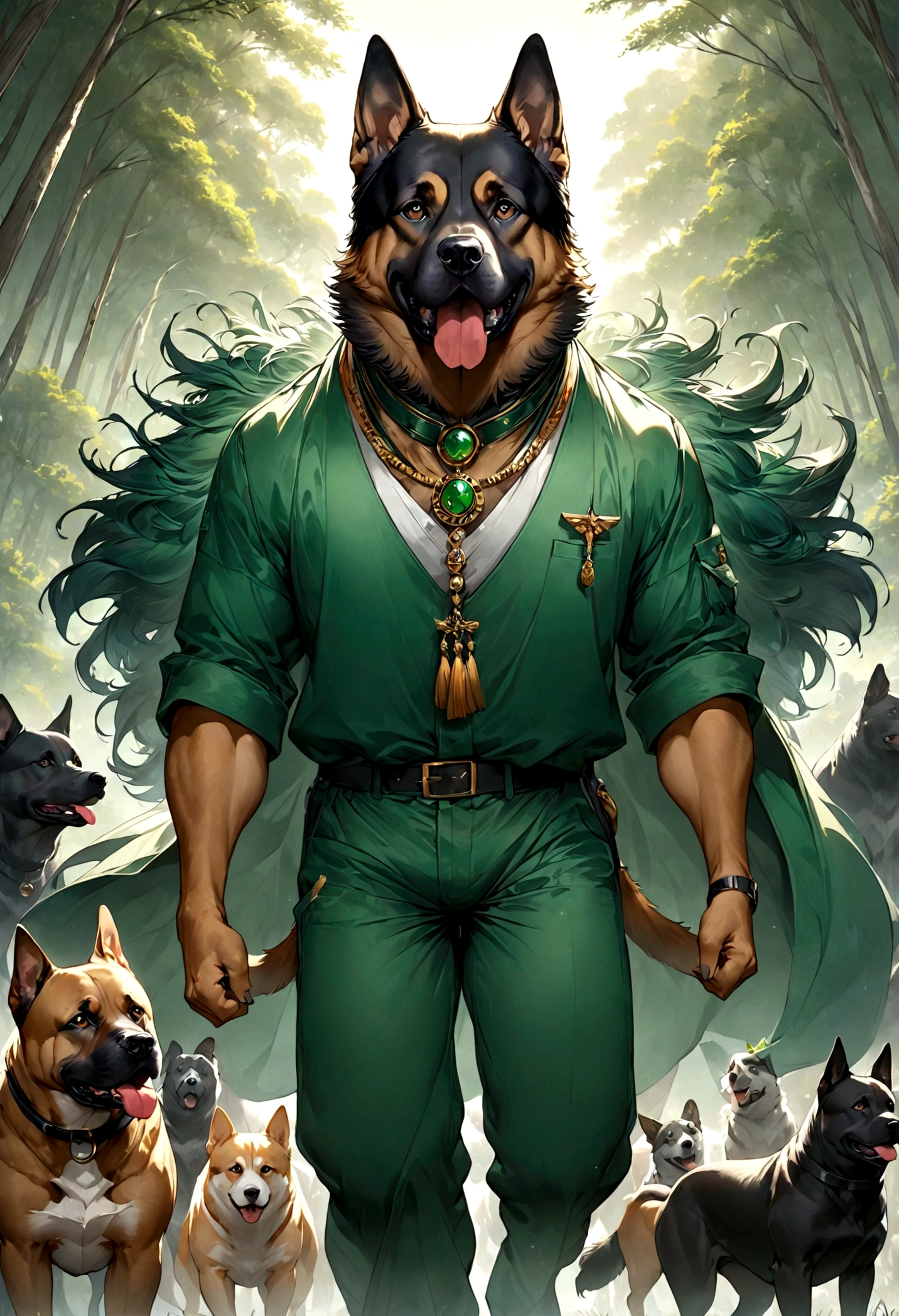 Create an image of a dog symbolizing the traits of a protagonist (ENFJ). The dog should be a German Shepherd, known for its loyalty, intelligence, and strong leadership qualities. The dog should have a charismatic and compassionate expression, reflecting its innate leadership and desire to make a positive impact on others and the world. It should appear engaged in an inspiring activity, such as leading a group of animals, teaching, or guiding others in a positive direction. The primary theme color should be green, with the dog's fur or background featuring various shades of green to highlight its unique and empathetic nature. The overall atmosphere should reflect the dog's high ideals, passion, and ability to inspire and lead others, capturing the essence of a charismatic and influential personality type.