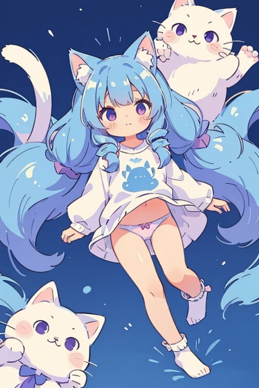 masterpiece, highest quality, Detailed background, cute panties、cute, small, Blue Hair, Long Hair, Twin Drill、white fluffy cat tail, White cat ears, small size, whole body, Purple eyes, fluffy, fluff ears, alone, detailed, girl, cutetech, pastel colour, cute, cute colors