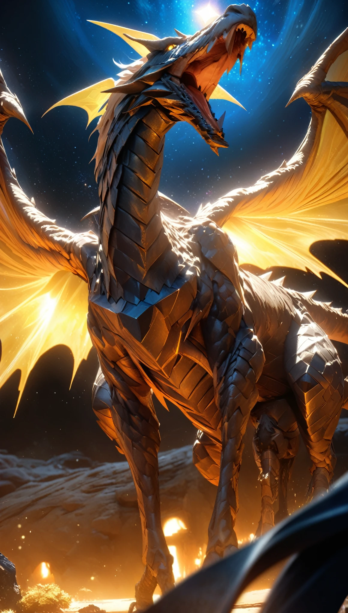 Masterpiece Portrait, Extreme details,, Very detailed, 8K octane, HDR, Super detailed, best quality, best quality, Realistic lighting, Ultra Detailed，A huge dragon，(High-tech diamond-shaped light wings:1.35),[Layers of golden armor｜Complex and gorgeous texture pattern]Fully covered armor，Space Background，（perspective：1.4），Starry sky elements，Iridescent wing membrane,Dungeons & Dragons,western dragon