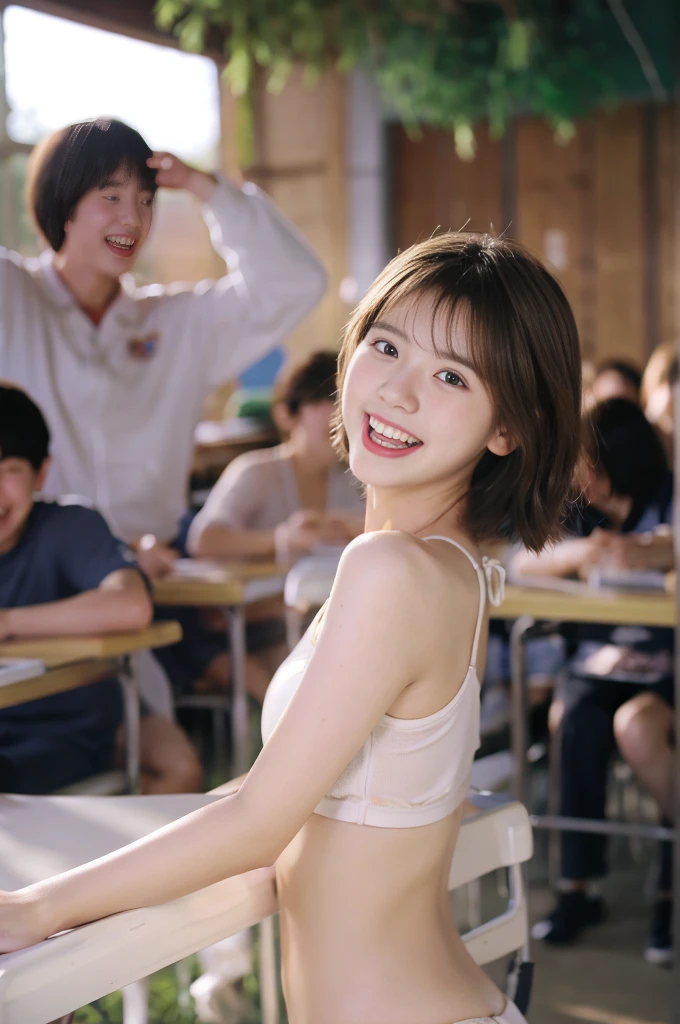 masterpiece, highest quality、Raw photo, Photorealistic、1、18-year-old、University classroom、White swimsuit、Laugh with your mouth wide open、Very short hair、unbelievably ridiculous、Depth of written boundary, High resolution, Ultra-detailed, Sharp focus, Cinema Lighting