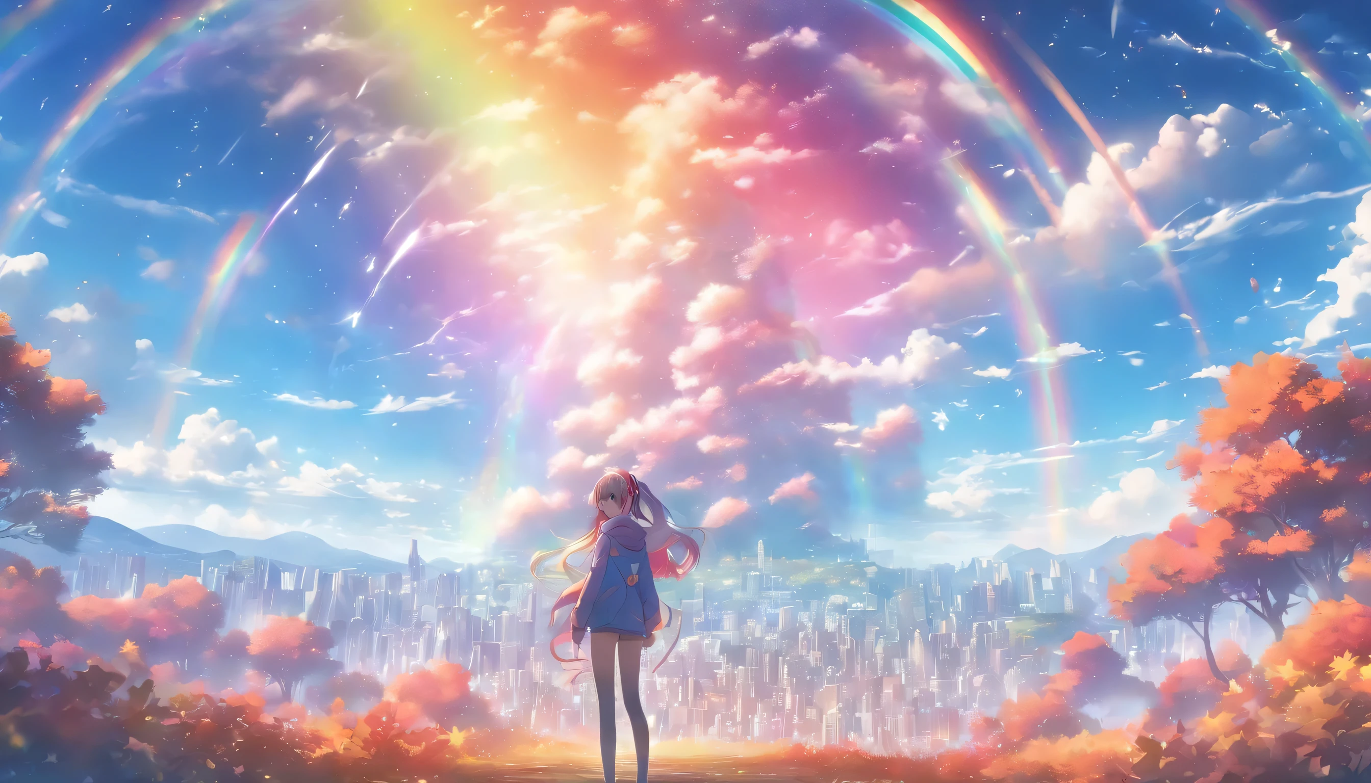 (((Beautiful autumn leaves)))、((A large, shining sea of trees))、Super beautiful light、((Colorful light))、(A magnificent view of nature)、(((A spectacular natural backdrop)))8k,((cinematic light and shadow))、Countless lights、Transparent Prism、(((A scene from a movie)))、((Dazzling sunlight))、(((Rainbow light)))、((There are many different colors mixed together.))、((blue sky))、(((Ultra-realistic CG)))、Reflective Landscape、(((A small rainbow-shining figure)))、(Full body woman)、((hoodie))、(((Long legs)))、((skinny pants))((Wearing shiny futuristic headphones))、(((A small person standing in the distance)))、((Fashion Model))、((Long hair on one side))、sexy
