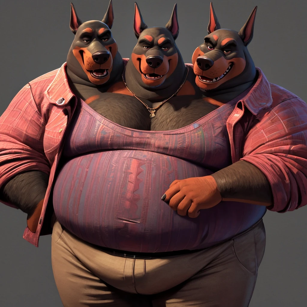 solo, doberman pinscher, three identical heads on one body, black and brown fur, bald, doberman pinscher ears, masculine, necks, (eyes), adult, male, 50 years old, (stylized 3d, by disney, by rembrandt), by pixar:1.1, by dramamine, ugly, (obese), solid gray background, (fully clothed, white sleeveless shirt, underpants), correct hands, correct anatomy, (ultradetailed, best quality, detailed masterpiece, highly detailed masterpiece, 4k, professional cartoon:1.7), natural pose, detailed expressions