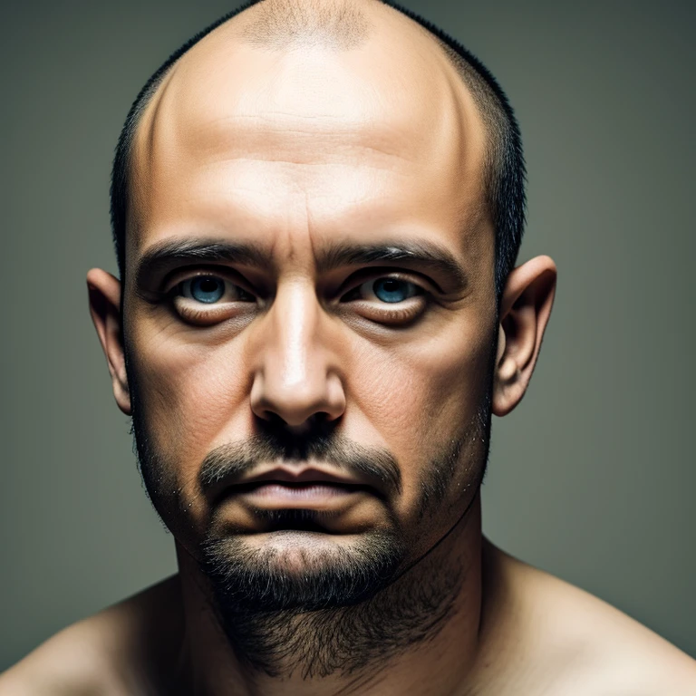 Man, 40 years old, dark eyes, 1.60, bald, no muscles, ugly face, looking at camera portrait photo