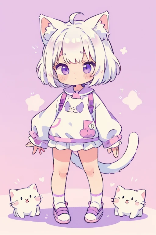 masterpiece, best quality, detailed background, detailed clothes, cute, small, oversized clothes, white hair, short hair, white fluffy cat tail, white cat ears, small size, full body, purple eyes, fluffy, fluff ears, solo, long sleeves, detiled, A girl, kawaiitech, pastel colors, kawaii, cute colors