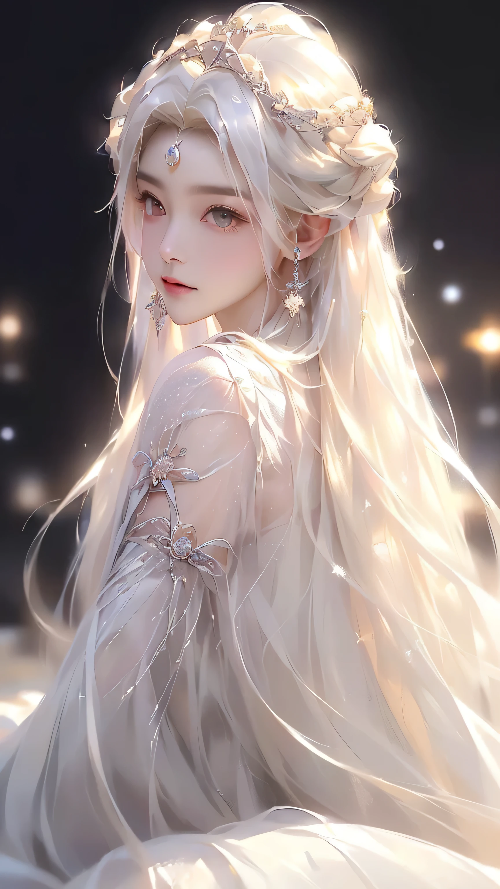 (((From this knee up)), Night view, Stella, (((masterpiece:1.5, detailed:1.4)),, One girl is sitting, Look from above、Backlight, A fantastic atmosphere envelopes this ancient city as this sun sets。At this center of this magical moment is a woman、(White-haired girl:1.5)and、Her beautiful hair、(Backlight)A shimmering white waterfall flows down from below.。Exudes mysterious charm、Suspended particles bloom in this surrounding air、Her beauty、(Beautiful white and shining skin:1.3)Exudes a mysterious glow。this((A dress as black as this night sky))It is beautiful and decorated