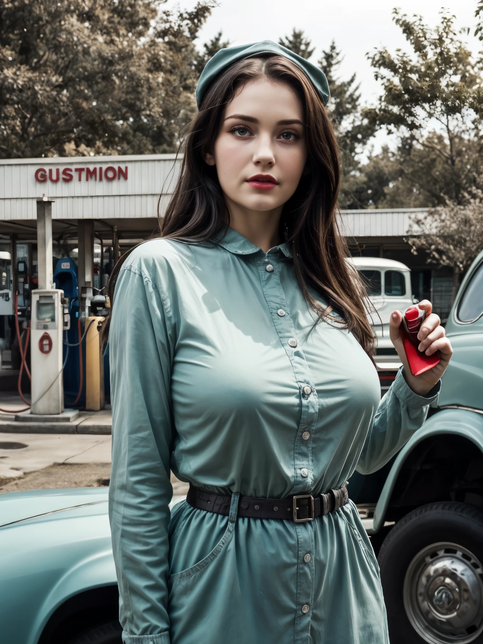 1girl, gas station worker, very long straight hair, detailed face, pov, cap, pumping gas, vintage gas station, (realistic:1.3), art deco design, trees, parking car, nostalgic, retro style, warm afternoon light, gigantic breast,