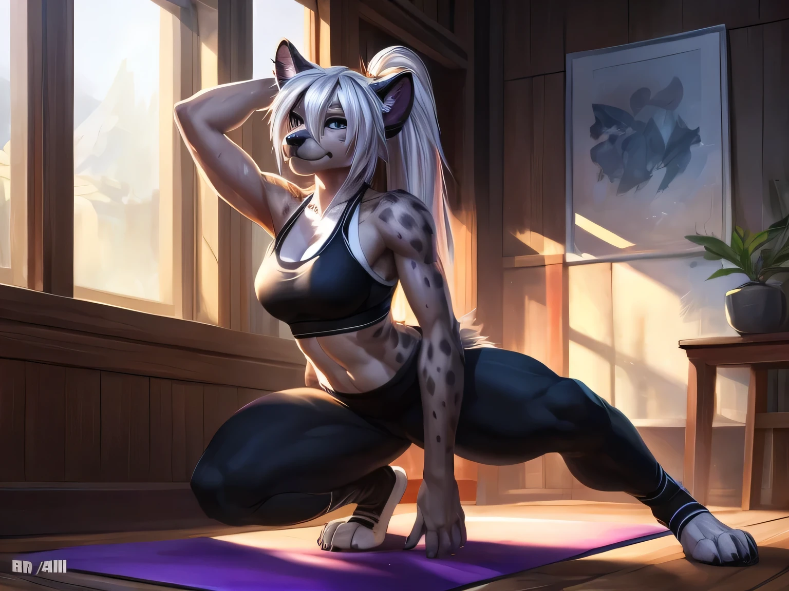(anthro)) hyena, Ross Tran, by ruan jia, by zaush, by foxovh Best Quality, masterpiece,, Illustration, Wallpaper,1girl in, Solo, Bright purple-silver hair, Semi-long hair, Beautiful detailed girl, extremely detailed eye and face, Beautiful detailed eyes, Shy, natural_Lighting, Glow, NSFW, Looking at Viewer, Straight hair, Ponytail,White hair, Thick_thighs thighs thighs thighs, big ass, big , Yoga pants, spandex yoga pants, black sports bra, stretching in a seductive way, sweaty, arching, nsfw