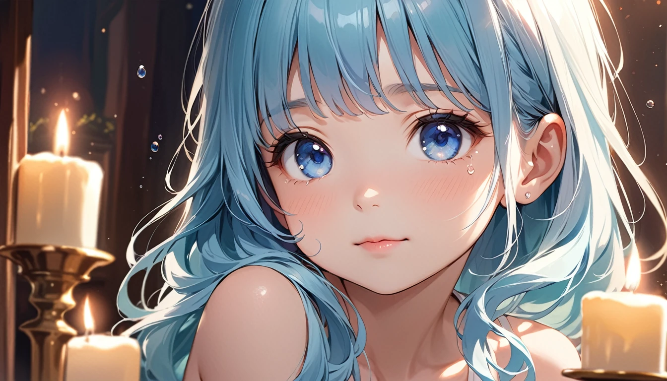  masterpiece, best quality, extremely detailed, (illustration, official art:1.1), 1 girl ,(((( light blue long hair)))), ,(((( light blue long hair)))),light blue hair, ,10 years old, long hair ((blush)) , cute face, big eyes, masterpiece, best quality,(((((a very delicate and beautiful girl))))),Amazing,beautiful detailed eyes,blunt bangs((((little delicate girl)))),tareme(true beautiful:1.2), sense of depth,dynamic angle,,,Candle, affectionate smile, (true beautiful:1.2),(flat chest)) 、 upper body,profile,glistening skin, BREAK 1 girl,,Sidelong glance,,petal,Close-up of face,(((Water droplets)))、Look at the viewer only with your eyes、Tears, patience, stained cheeks、White camisole、Clarity,no_humans、Touching lips, squinting eyes,