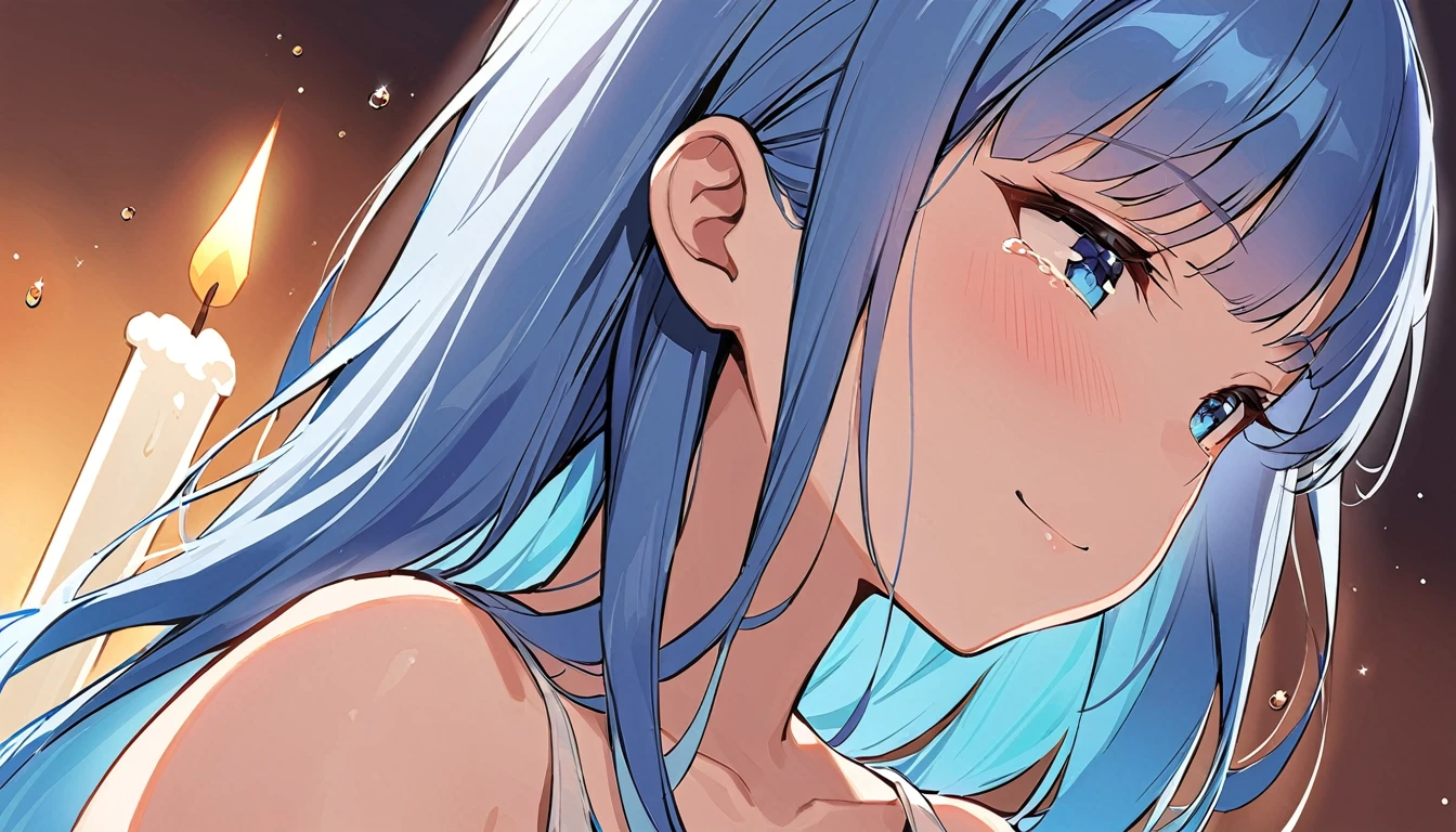 masterpiece, best quality, extremely detailed, (illustration, official art:1.1), 1 girl ,(((( light blue long hair)))), ,(((( light blue long hair)))),light blue hair, ,10 years old, long hair ((blush)) , cute face, big eyes, masterpiece, best quality,(((((a very delicate and beautiful girl))))),Amazing,beautiful detailed eyes,blunt bangs((((little delicate girl)))),tareme(true beautiful:1.2), sense of depth,dynamic angle,,,Candle, affectionate smile, (true beautiful:1.2),(flat chest)) 、 upper body,profile,glistening skin, BREAK 1 girl,,Sidelong glance,,petal,Close-up of face,(((Water droplets)))、Look at the viewer only with your eyes、Tears, patience, stained cheeks、White camisole、Clarity,no_humans、Touching lips, squinting eyes,