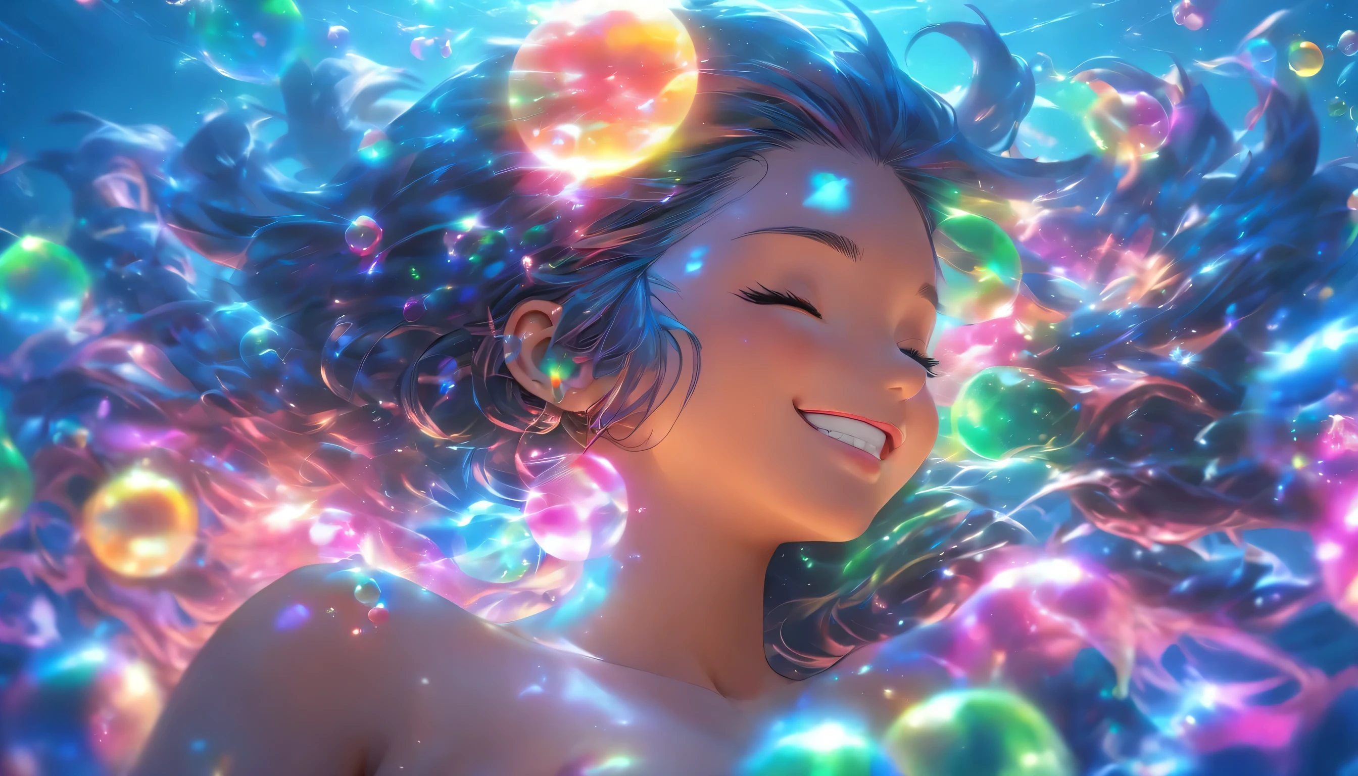 Transparent color PVC clothing, Transparent Vinyl Bikini, Prismatic, Holographic, chromatic aberration, Fashion Illustration, masterpiece, DJ Girl,, 8k, Super detailed, Pixiv、((Woman sleeping on the seabed))、((Colorful Hair))、(((Wearing futuristic headphones)))、((I'm sticking out my belly button))、((Swaying bust))、(((Long hair that flows to one side)))、((Too big boobs))、(((Many glowing bubbles)))、((Close your eyes and smile))、(sexy)、((Epic Scale))