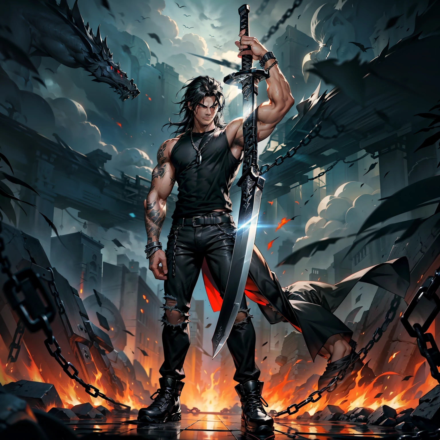 boys 26 Years old, Serious face, muscular, black hair, flowing hair, wearing ((black shirt)), sleeveless, black bootcut pants, black shoes, holding sword, flames, chains, giant sword   