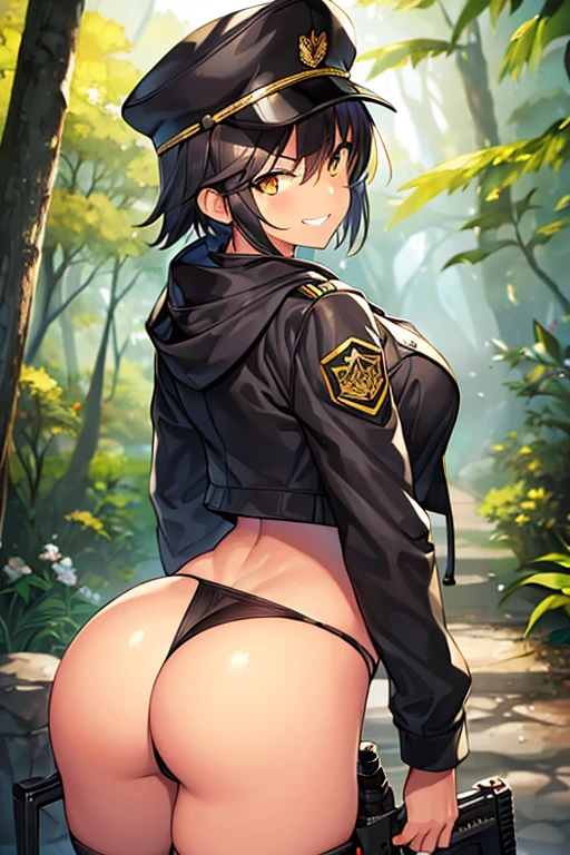 1girl, tan skin, tan, tan-skinned female, from behind, ass, ass focus, thong, panties, jacket, smile, smirk, smug, breasts, huge ass, thick thighs, mature female, black hair, very short hair, yellow eyes, forest, black jacket, ((black jacket)), hooded jacket, belt, military hat, cap, highleg, gun, highleg thong, black thong, tomboy, pixie cut, bare legs ((highleg)), military jacket, holding gun