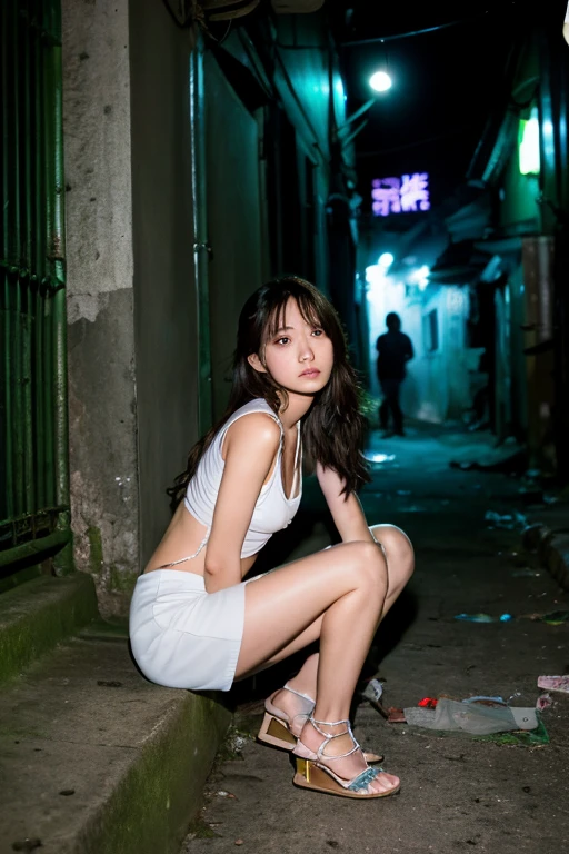 highest quality、masterpiece、High sensitivity、High resolution、One Woman、Looking at me with a frightened expression。In a dimly lit back alley、Sit down、Clothes are torn、Exposed skin、