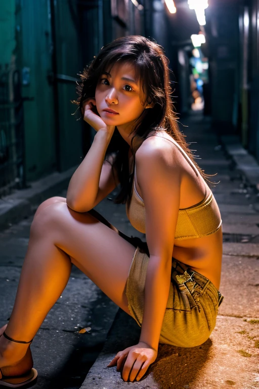 highest quality、masterpiece、High sensitivity、High resolution、One Woman、Looking at me with a frightened expression。In a dimly lit back alley、Sit down、Clothes are torn、Exposed skin、