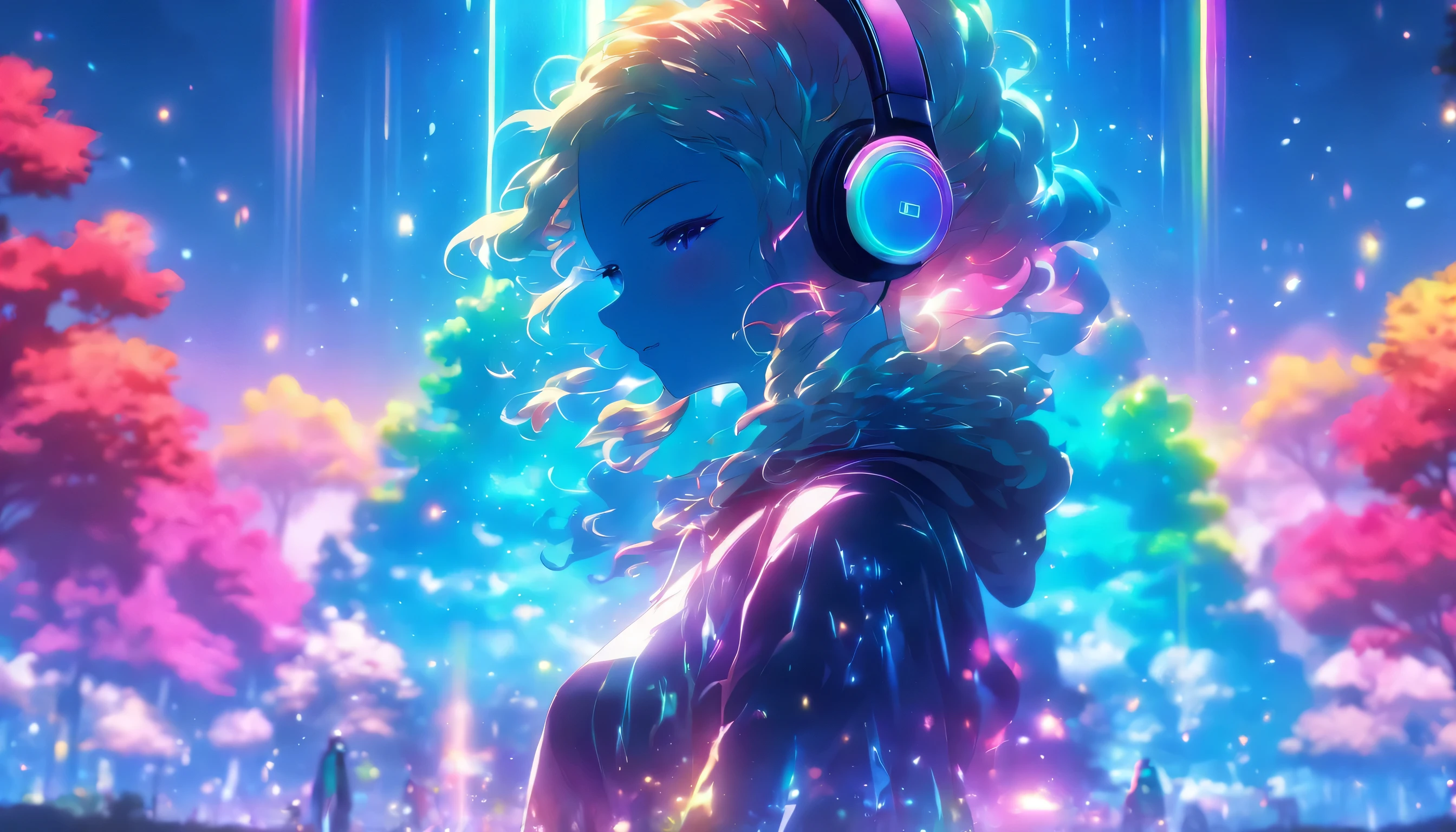 (((Beautiful tree々)))、((A large, shining sea of trees))、Super beautiful light、((Colorful light))、(A magnificent view of nature)、(((A spectacular natural backdrop)))8k,((cinematic light and shadow))、Countless lights、Transparent Prism、(((A scene from a movie)))、((Dazzling sunlight))、(((Rainbow light)))、((There are many different colors mixed together.))、((blue sky))、(((Ultra-realistic CG)))、Reflective Landscape、(((A small rainbow-shining figure)))、(Full body woman)、((hoodie))、(((Long legs)))、((skinny pants))((Wearing shiny futuristic headphones))、(((A small person standing in the distance)))、((Fashion Model))、((Long hair on one side))、sexy