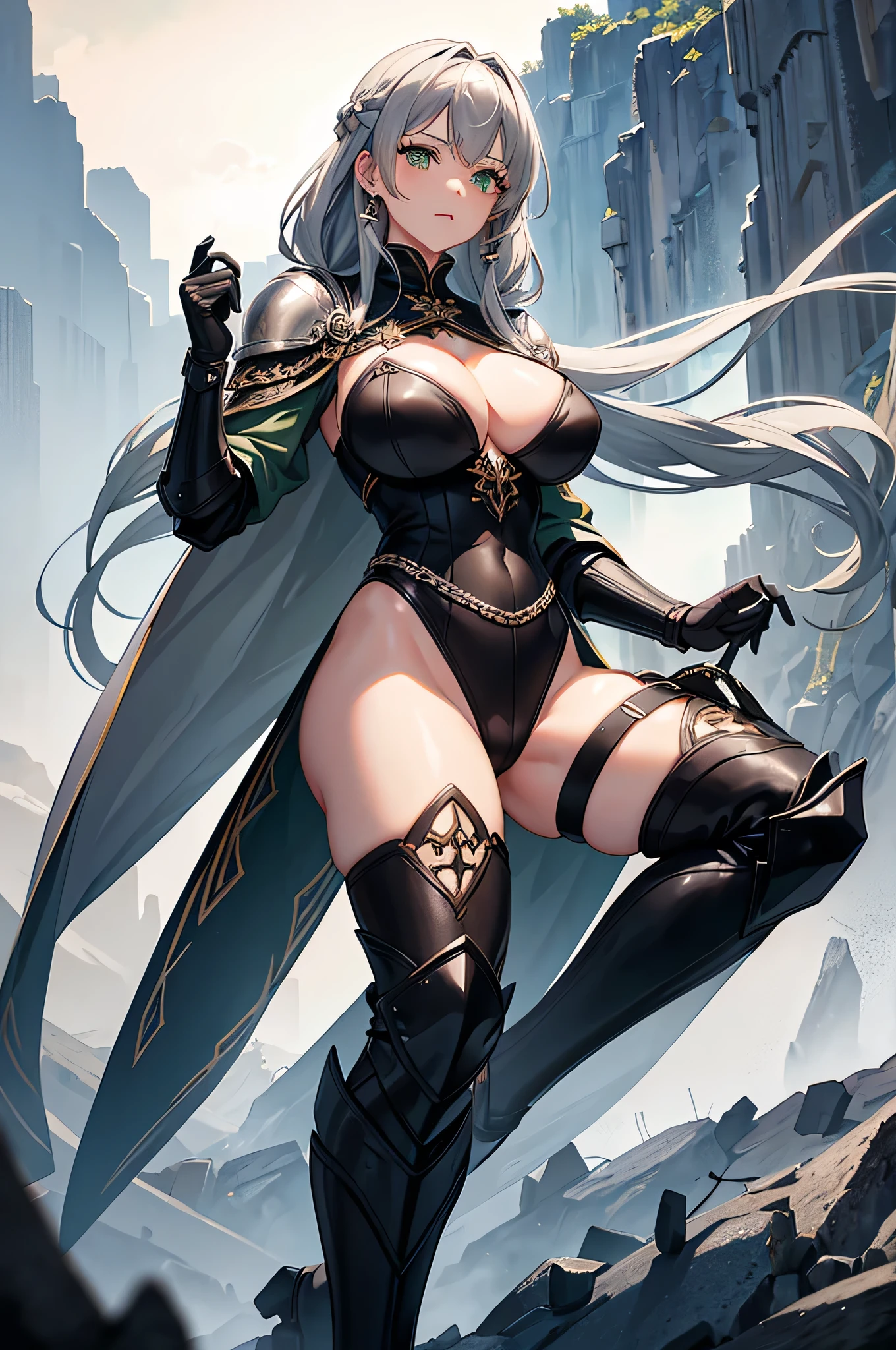 4k,High resolution,One Woman,Grey Hair,long hair,Braid,Green Eyes,Big Breasts,knight,Black high leg leotard armor,Black boots,Black gloves,Jewelry decoration,Big Japan sword,Medieval village