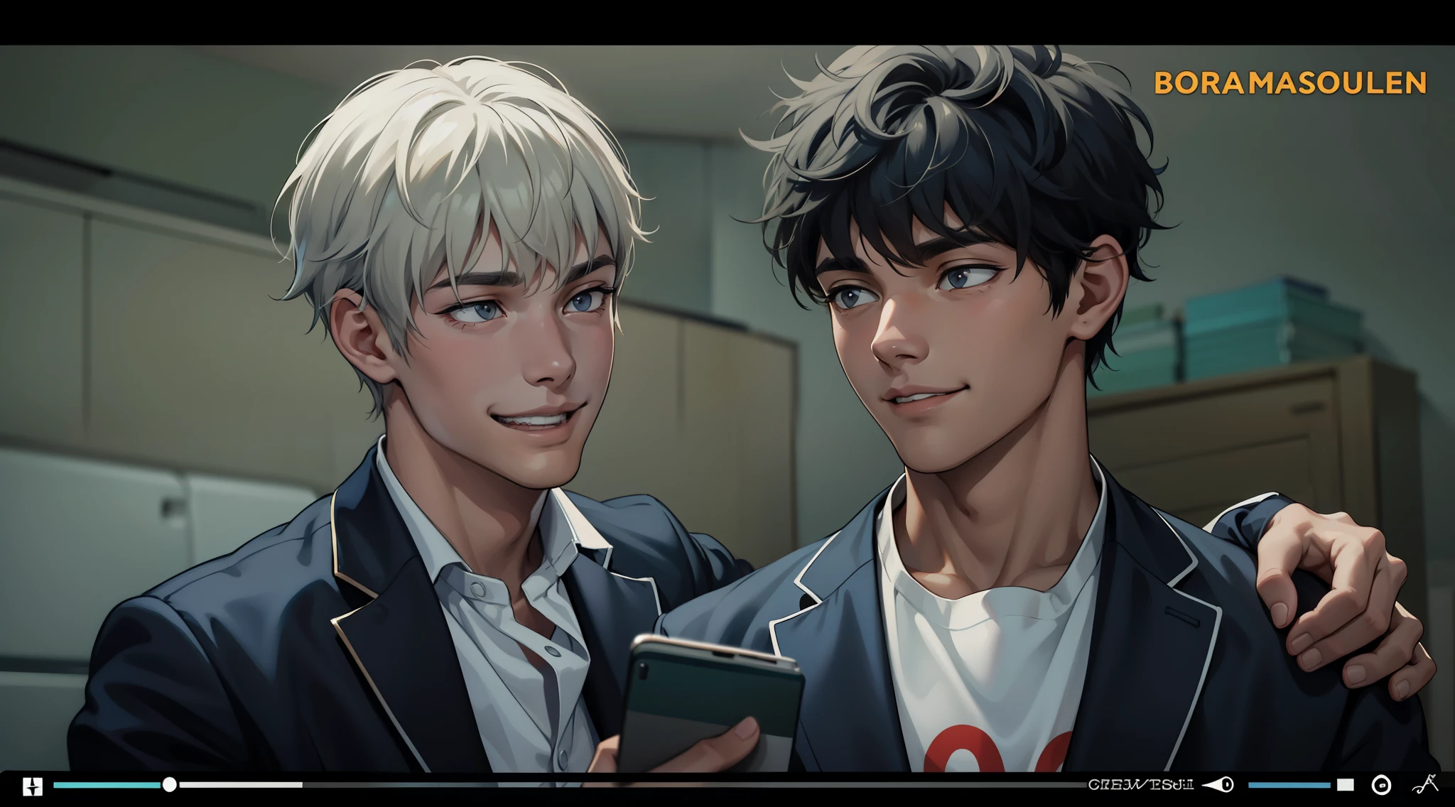 There are two handsome 18-year-old men, one of them is smiling, the other is worried and afraid.