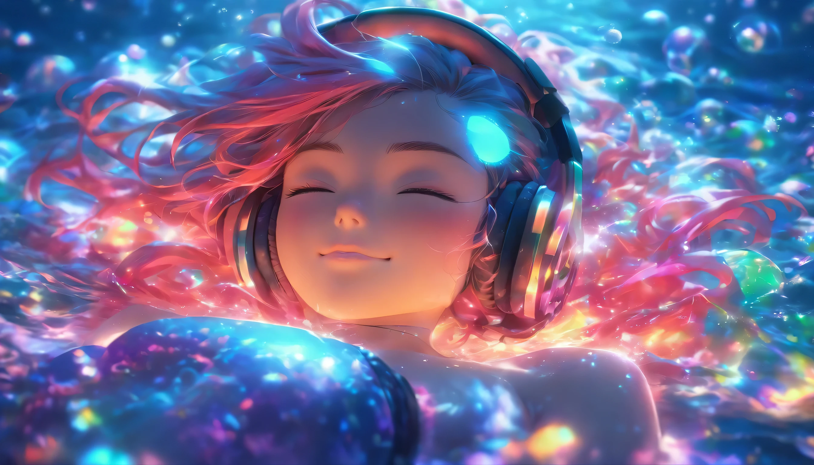 Transparent color PVC clothing, Transparent Vinyl Bikini, Prismatic, Holographic, chromatic aberration, Fashion Illustration, masterpiece, DJ Girl,, 8k, Super detailed, Pixiv、((Woman sleeping on the seabed))、((Colorful Hair))、(((Wearing futuristic headphones)))、((I'm sticking out my belly button))、((Swaying bust))、(((Long hair that flows to one side)))、((Too big boobany glowing bubbles)))、((Close your eyes and smile))、(sexy)、((Epic Scale))